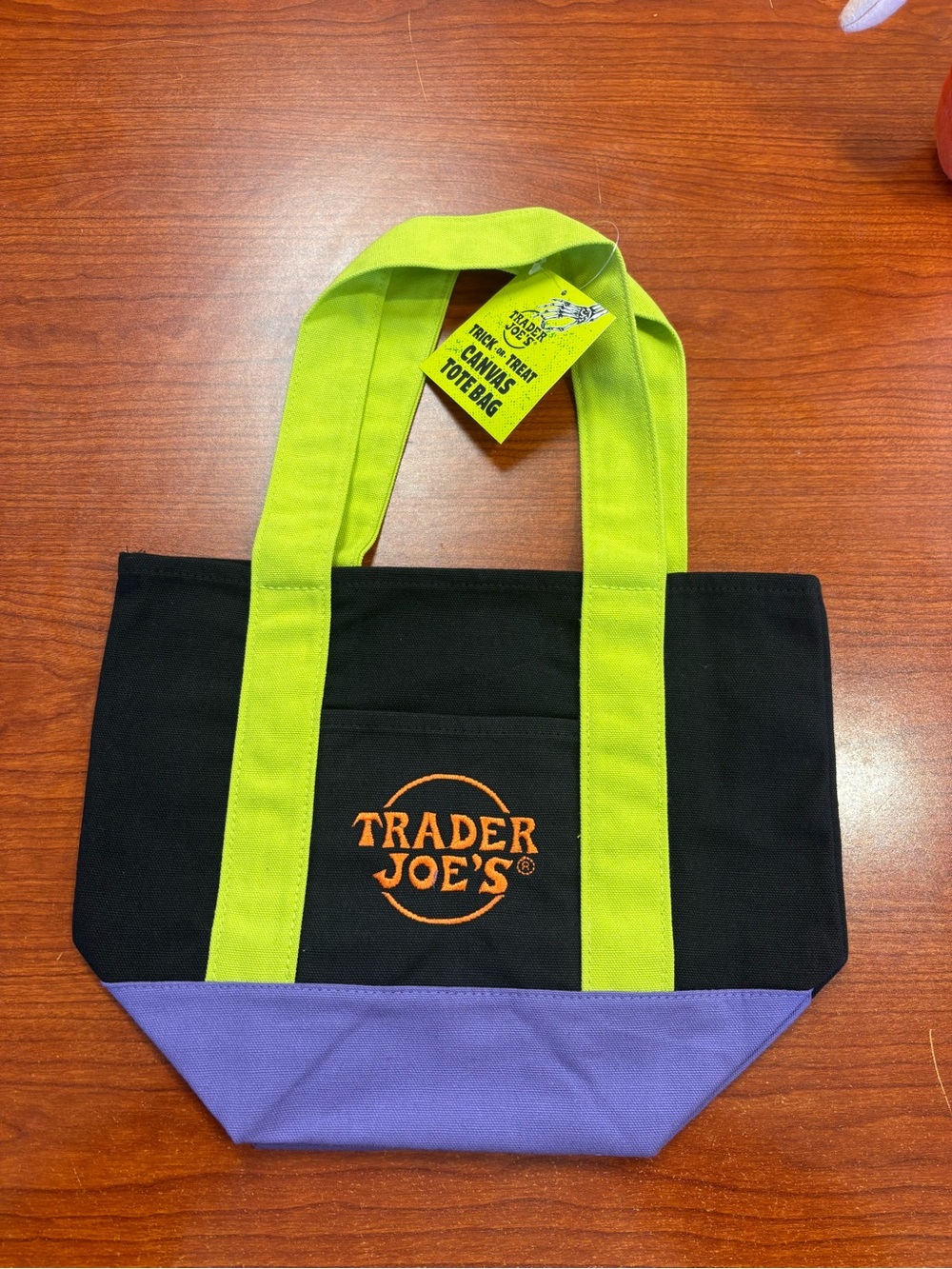 Trader Joe's Black Canvas Tote with Lime Handles and Purple Base